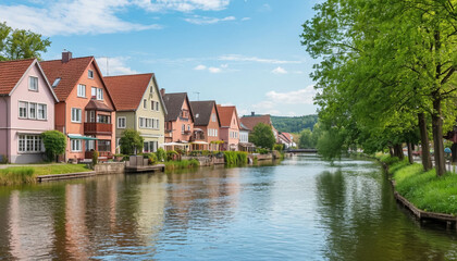 Fototapeta premium Pastel cozy houses by the river of a small town