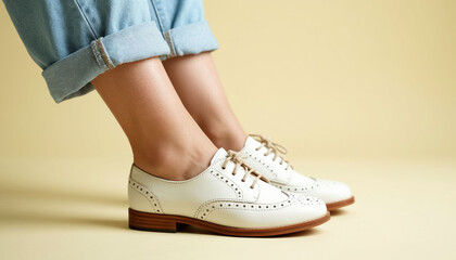 Naklejka premium Women's legs in white comfortable shoes