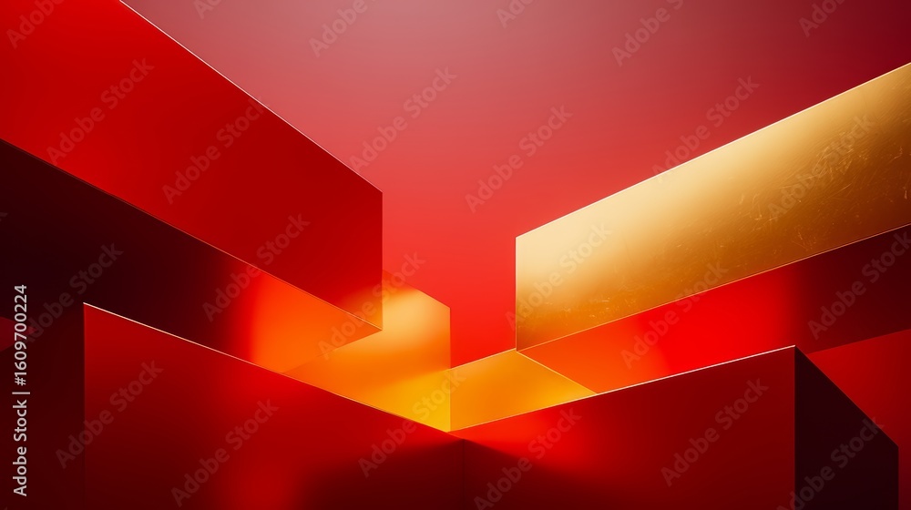 Poster red and gold background with a square in the middle. the square is surrounded by red and gold rectan