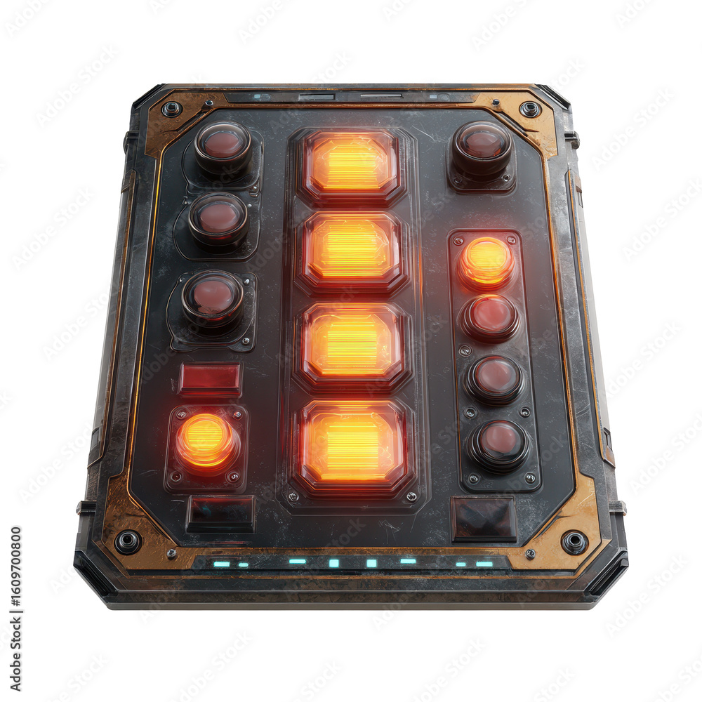 Poster control panel with illuminated buttons and switches designed for futuristic tasks in a high-tech set
