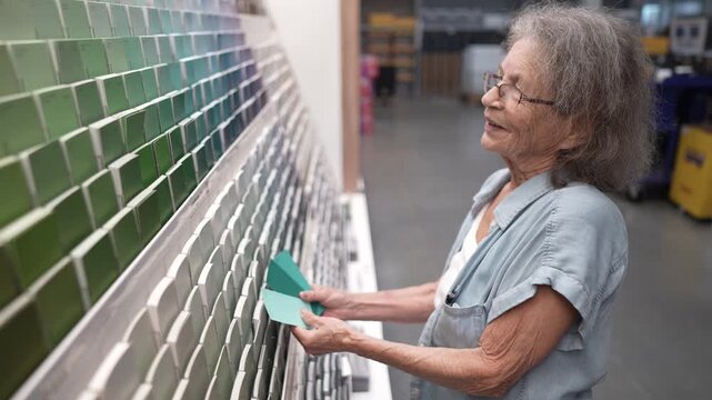 An elderly senior woman with walker browses through a wide array of paint color swatches in a hardware store, considering options for her home decoration and restoration projects.