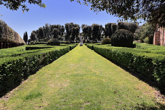 Cosimo III Medici statue in the Horti Leonini Gardens main avenue's midpoint among double-box hedged flowerbeds. San Quirico d'Orcia-Tuscany-Italy-124