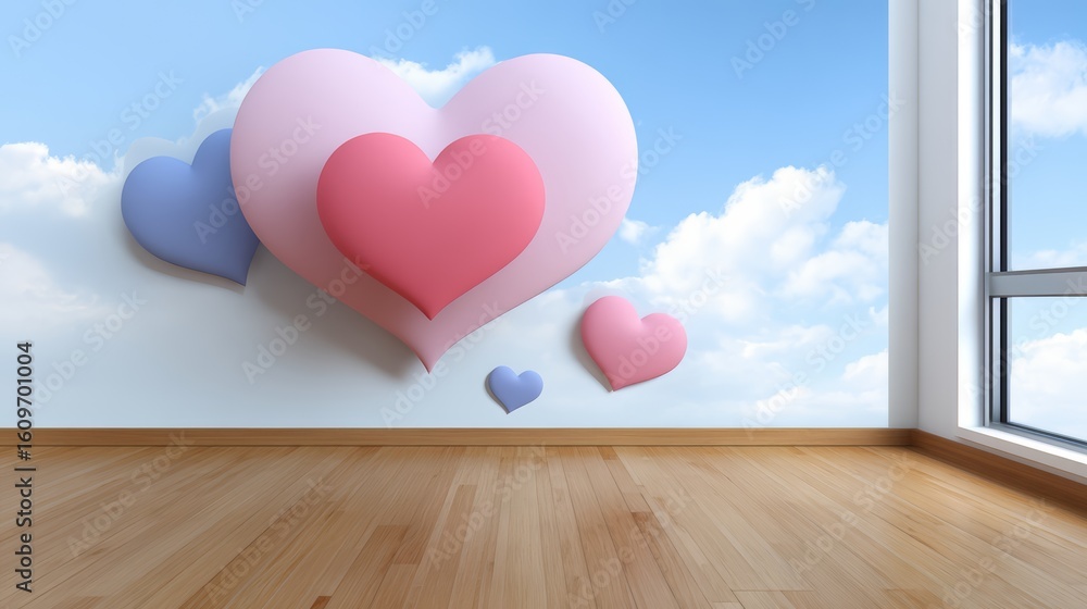 Poster room with a wall of three hearts and a window. the hearts are pink and blue and are floating in the 