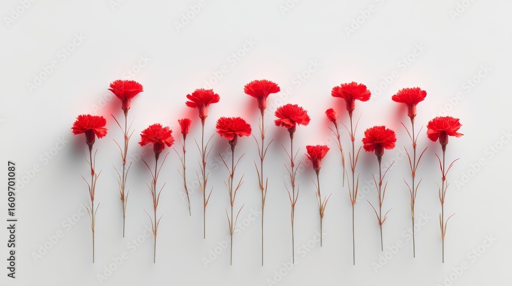 Poster row of red flowers are arranged in a line on a white background. the flowers are arranged in a way t