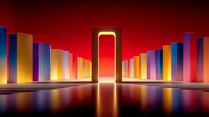 Row of colorful buildings with a doorway in the middle. The doorway is surrounded by a red wall