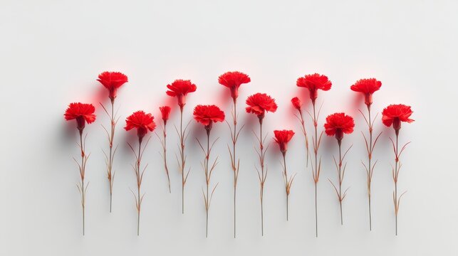 Row of red flowers are arranged in a line on a white background. The flowers are arranged in a way that they look like they are growing out of the white background - Powered by Adobe