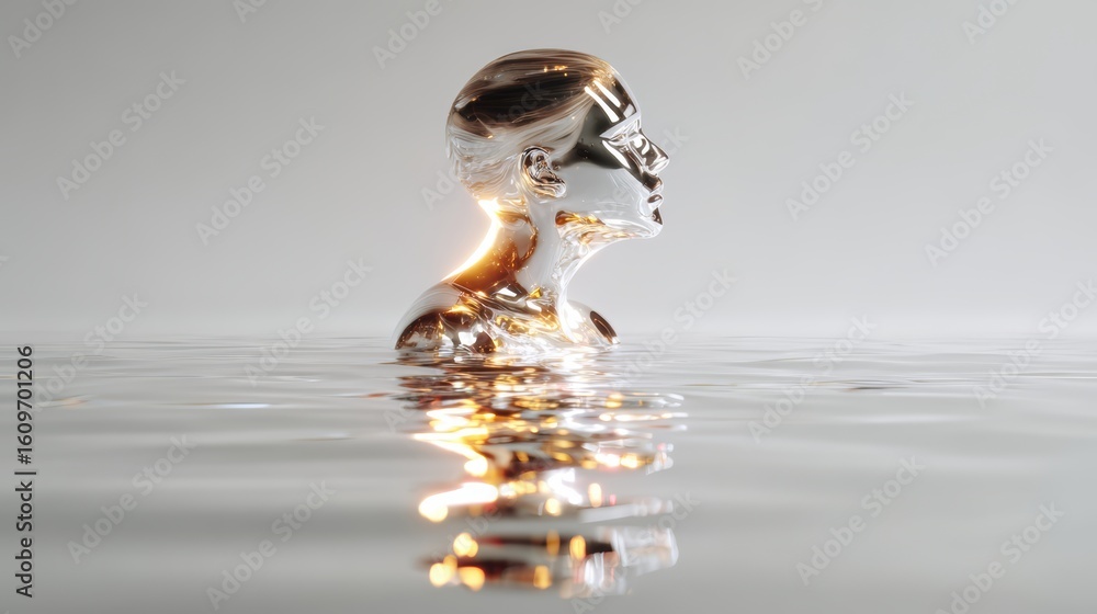 Poster silver statue of a woman is floating in a pool of water. the reflection of the statue is visible in 
