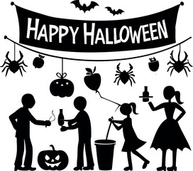 Halloween party invitation poster with cartoon people celebrating