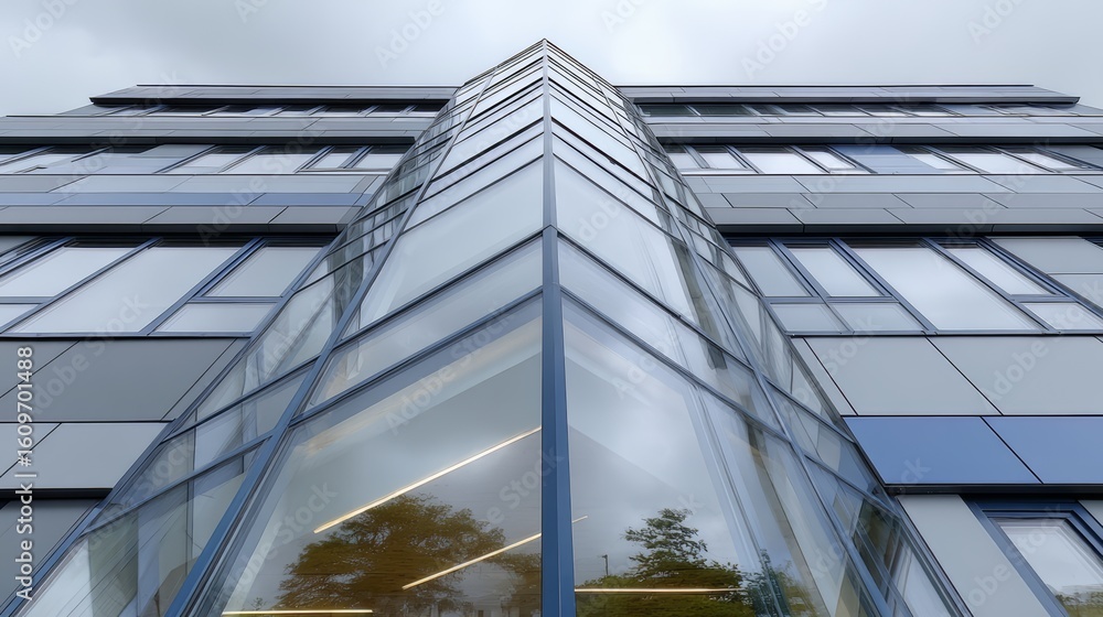 Poster tall building with a glass facade and a blue trim. the building has a modern design and he is a comm