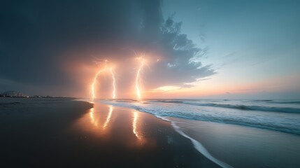 Stormy night with lightning and a beautiful sunset in the background. The sky is filled with clouds and the ocean is calm
