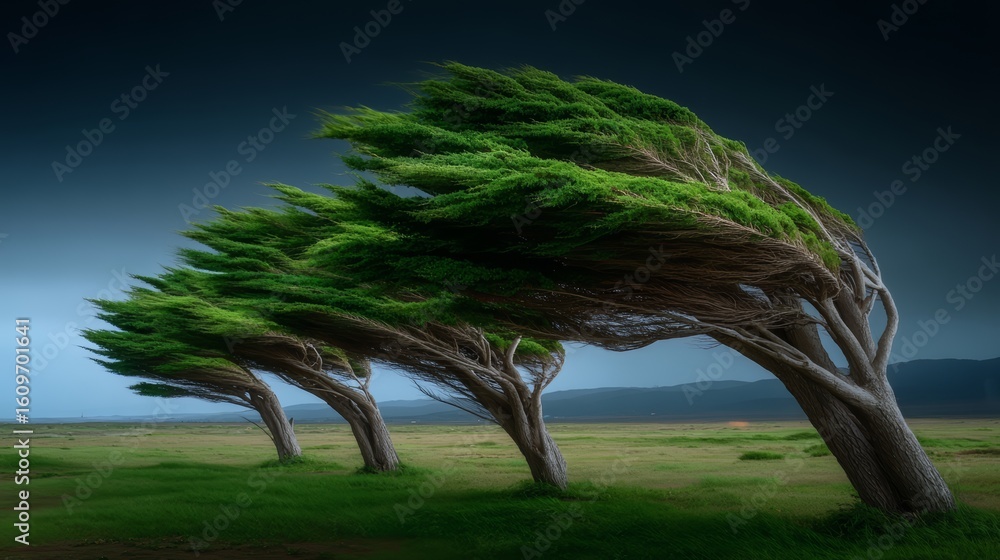 Poster three trees are blowing in the wind, with the tallest one being the most prominent. the sky is dark 