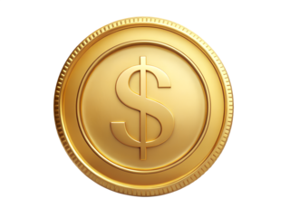 A shiny golden coin with the dollar symbol embossed on it, representing wealth and financial transactions isolated on transparent background