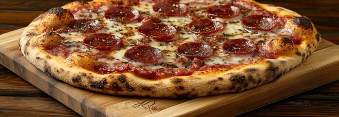Pepperoni pizza on a wooden cutting board