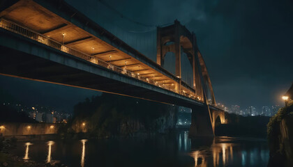 Obraz premium Hanging duplex house built under a giant bridge, urban gothic style, nighttime moody lighting, cinematic 8K view