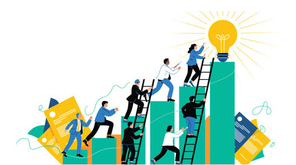  Team climbing green bar ladders toward glowing light bulb, symbolizing innovation, achievement, and progress in creative business concept