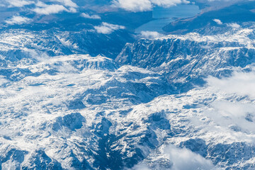 Aerial view of the snow covered Rocky Mountains in the Western United States