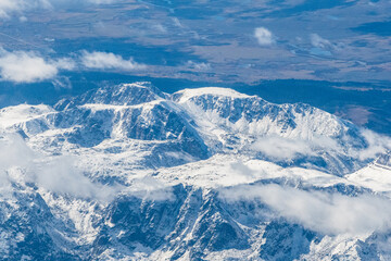 Aerial view of the snow covered Rocky Mountains in the Western United States