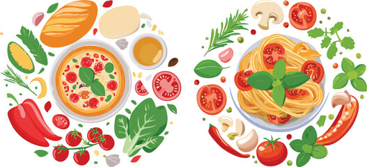 A vibrant illustration of Italian cuisine, featuring pizza and spaghetti surrounded by fresh ingredients like tomatoes, basil, and cheese.