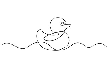 Rubber duck in single continuous line,  drawing Bath duck hand drawn outline doodle icon, Symbol of children's department in store. 