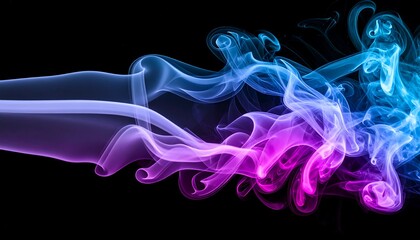 Abstract swirling smoke patterns in vibrant blue, pink, and purple hues against a black background