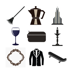 Broom coffee maker skyscraper wine glass pouch candle holder ornate frame suit skateboard vector