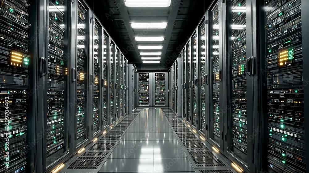Aufkleber data center corridor: a digital realm, presenting a sleek corridor within a state-of-the-art data ce