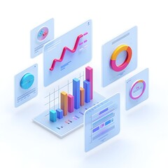 Isometric 3D data visualization dashboard with floating charts and graphs for business analytics and financial reporting concepts.