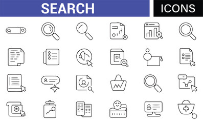 Search and Investigation Icons Featuring File, Documents, and Magnifier