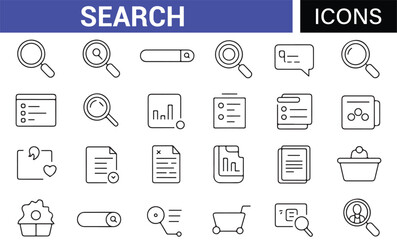 Set of Magnifying Glass and File Search Icons for Research and Data