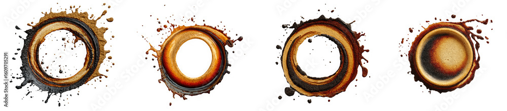 Poster four brown coffee cup rings and splatters create abstract patterns on a transparent background