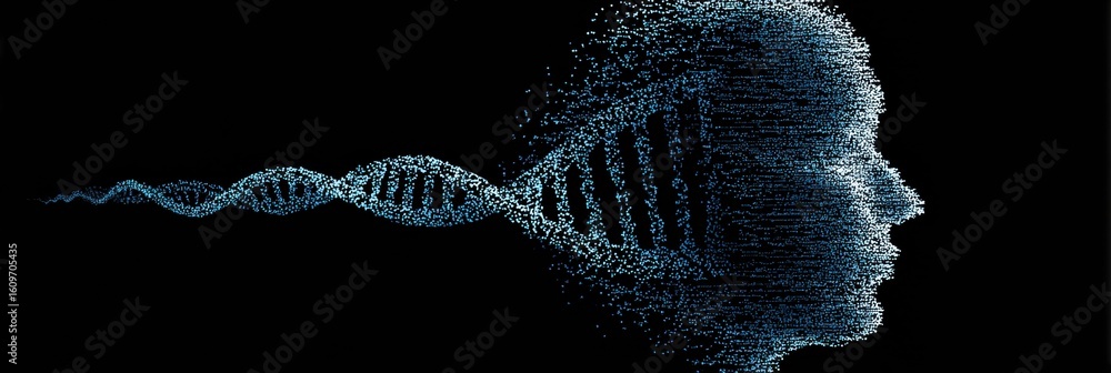 Poster dna spiral emerges to form a brain silhouette with an open right edge showcasing the connection betw