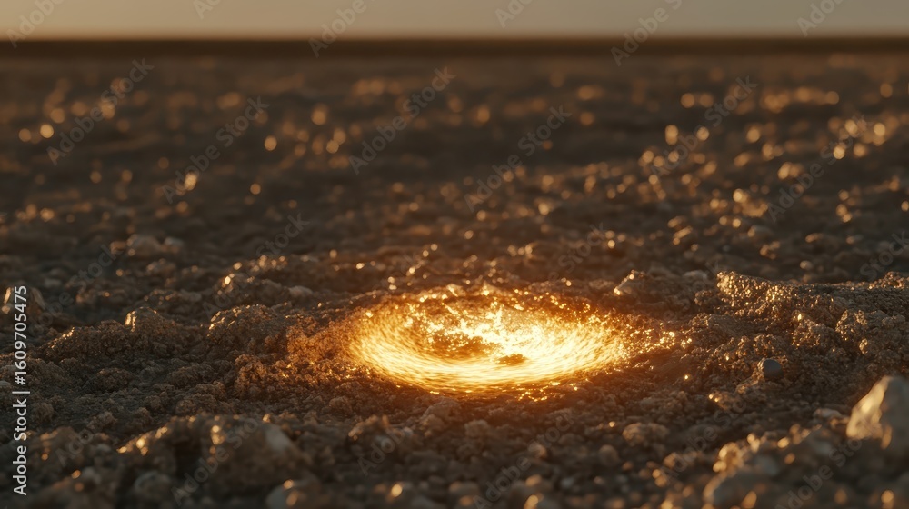 Poster glowing circular pattern on ground with sparkling dust and light
