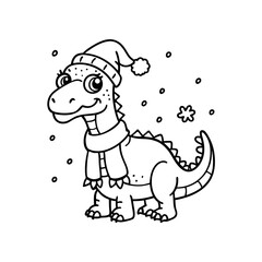 A cute cartoon dinosaur wearing a winter hat and scarf, surrounded by falling snowflakes, perfect for coloring.
