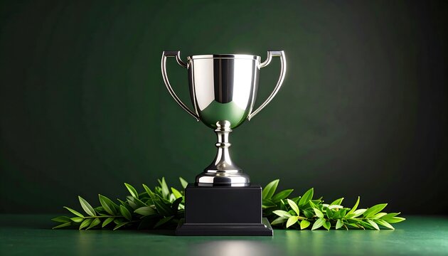 Polished silver trophy on dark green surface, flanked by greenery