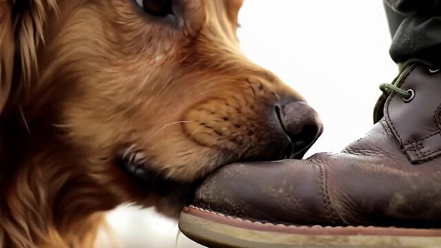 Close-up of a golden retriever sniffing the toe of a brown leather work boot