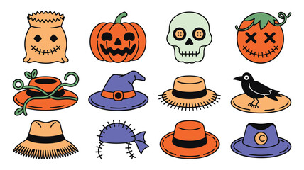 Halloween Icons Jackolanterns Witch Hats and Spooky Symbols for Autumn Celebrations