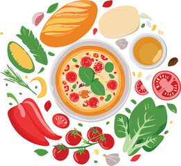 A flat lay illustration of a bowl of tomato soup surrounded by fresh ingredients like bread, basil, and vegetables.