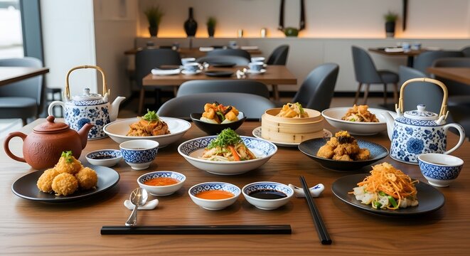 A curated selection of authentic Asian and Chinese dishes, including steamed dumplings and savory noodles, elegantly presented on a restaurant table.