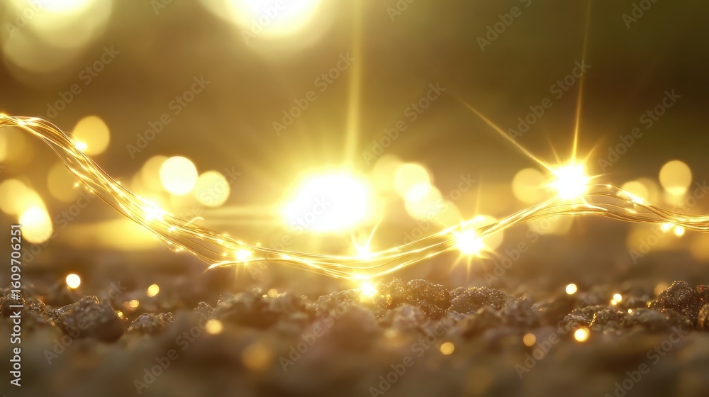 Poster glowing fairy lights on ground with soft bokeh effect in nature