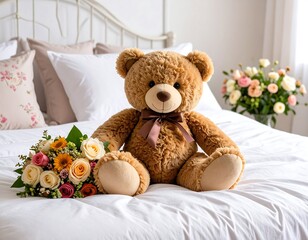 Teddy bear on a bed with flowers