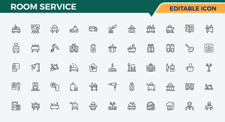 Room Service line icon set. Web icons pack. Pictograms of room, apartment, service, hotel service, building. Editable stroke. Pixel Perfect. Care line icon set.