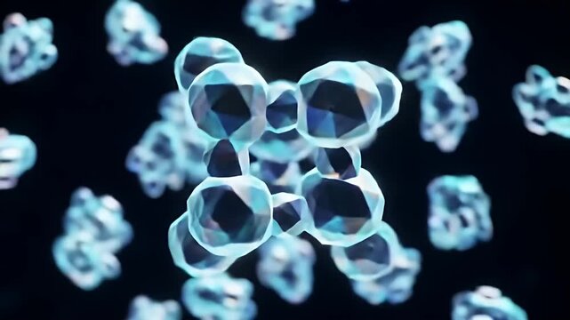 Cluster of interconnected translucent polyhedral shapes against dark background