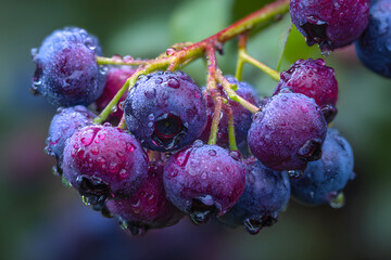 Fresh juicy blueberries with water droplets glistening on a summer morning
