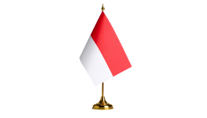Mini Indonesia flag with gold pole and base standing upright on clean backdrop

