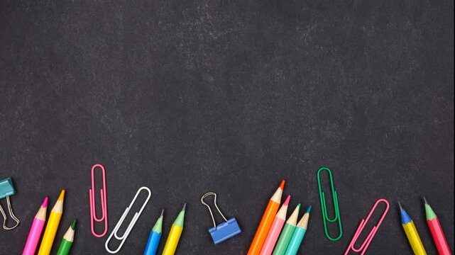Colorful school supplies bottom border. Above view stop motion video over a black chalkboard background. Back to school concept.