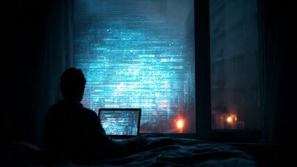 Cyber Vigil: A lone figure in silhouette, deeply engrossed in the digital world, interfaces with data streaming across the screen against a backdrop of the night's city lights. - Powered by Adobe