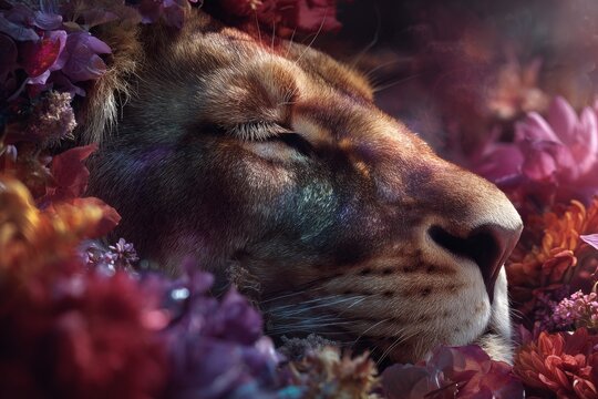 Tiny lion nestled among herbs, eases emotional strain. Countryside life offers peace away from city strains.