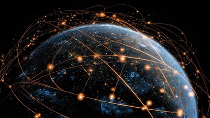 Global Network: An awe-inspiring vista of the Earth adorned with a luminous, interconnected network, symbolizing the digital age's expansive reach and global interconnectedness.