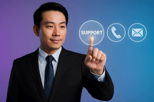 An Asian professional offers customer support. This image encapsulates the essence of modern business assistance. It's an inviting, trustworthy, and service-oriented image.