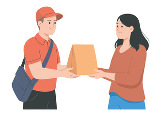 Fototapeta premium A delivery man handing a paper bag with order to a woman customer, symbolizing shipping service, courier delivery, and efficient logistics in modern e-commerce